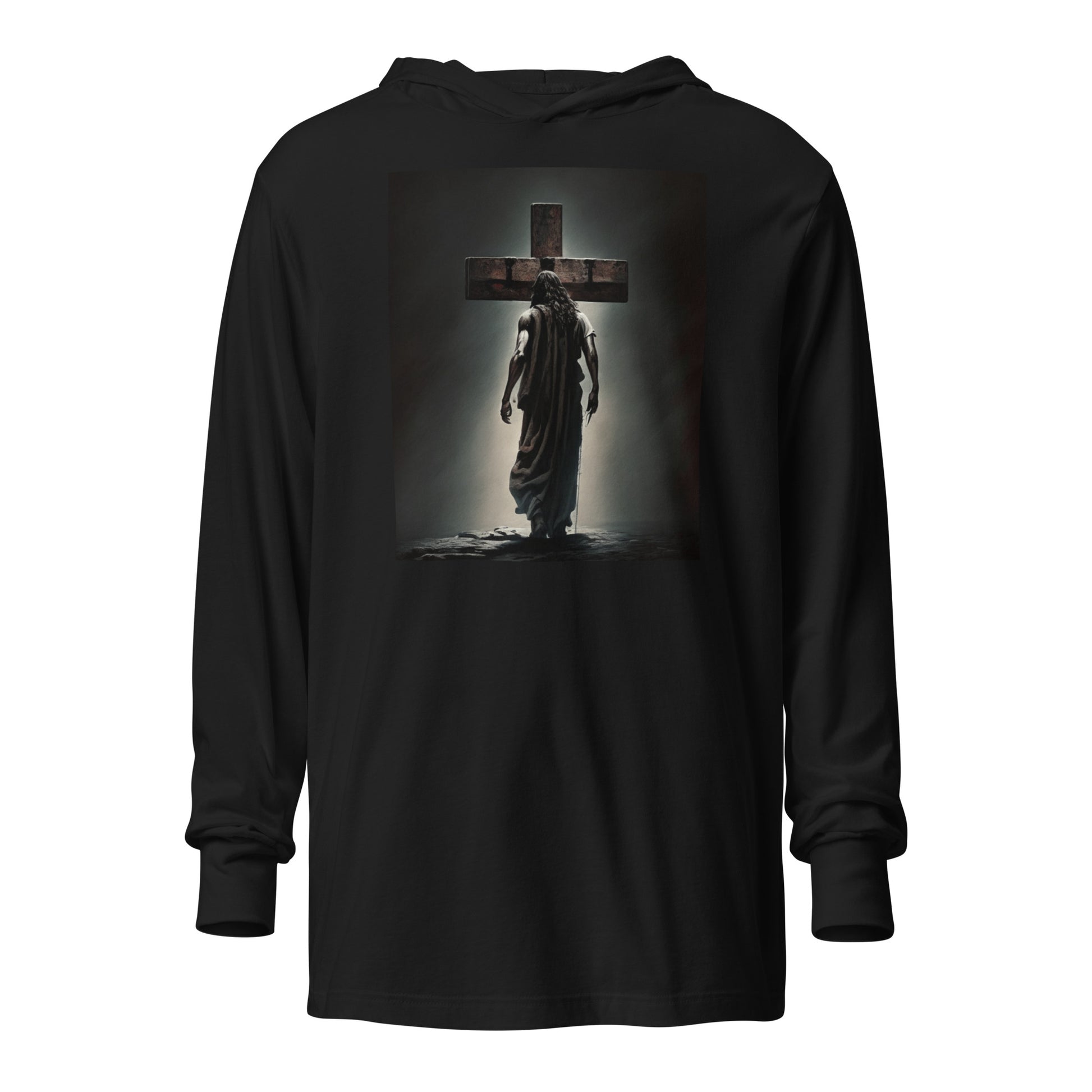 Christ Facing the Cross Men's Christian Hooded Long-Sleeve Tee Black