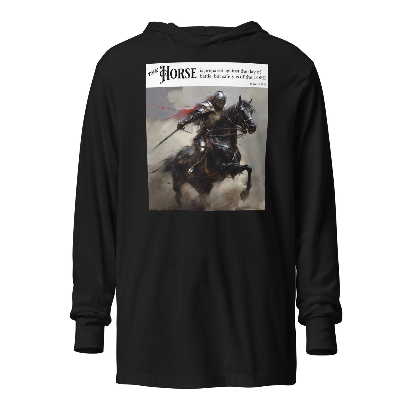 Horse Prepared for Battle Men's Bold Christian Hooded Long-Sleeve Tee Black
