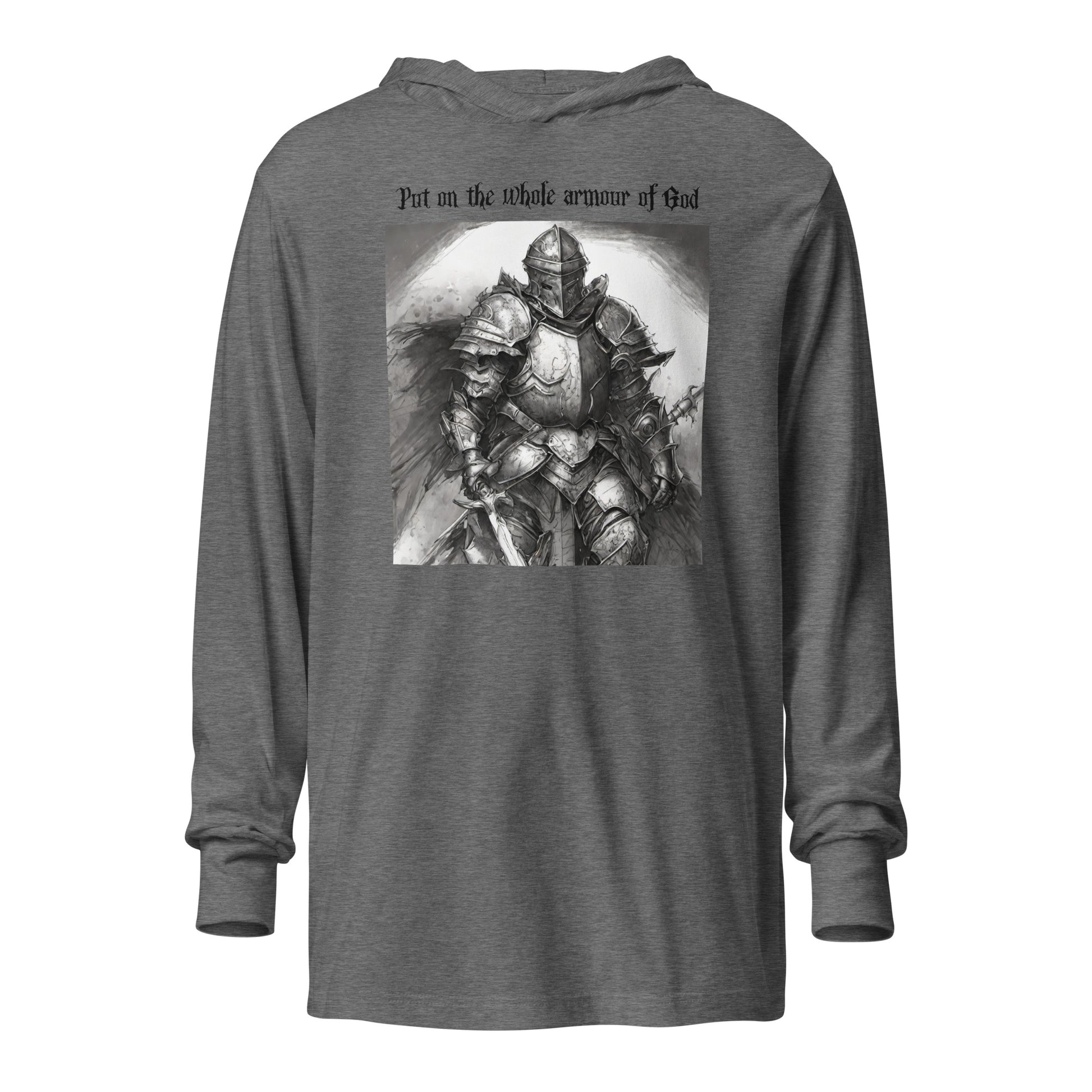 Put on the Armor of God Christian Men's Hooded Long-Sleeve Tee Grey Triblend