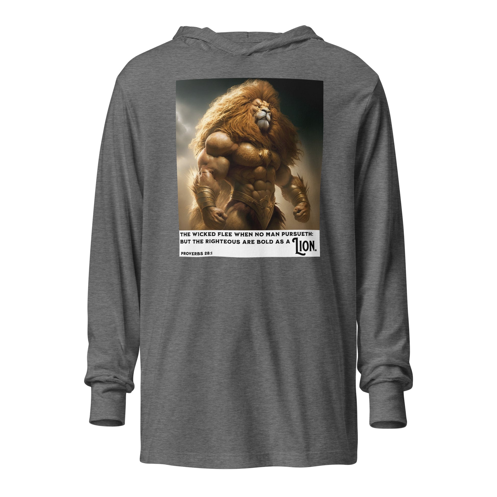 Swole Bold Lion Christian Men's Hooded Long-Sleeve Graphic Tee Grey Triblend