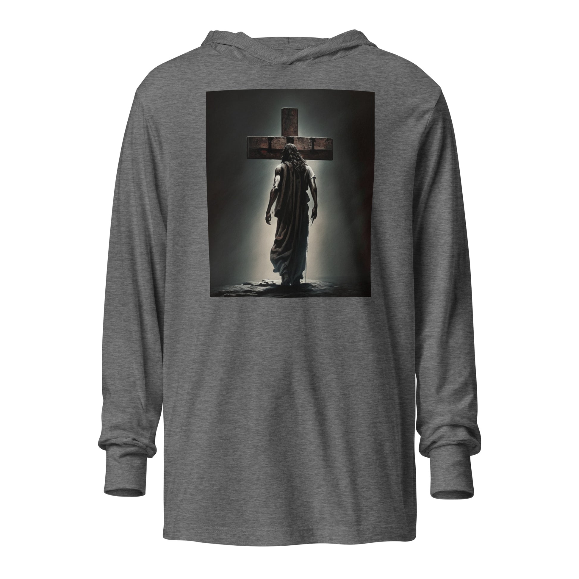 Christ Facing the Cross Men's Christian Hooded Long-Sleeve Tee Grey Triblend