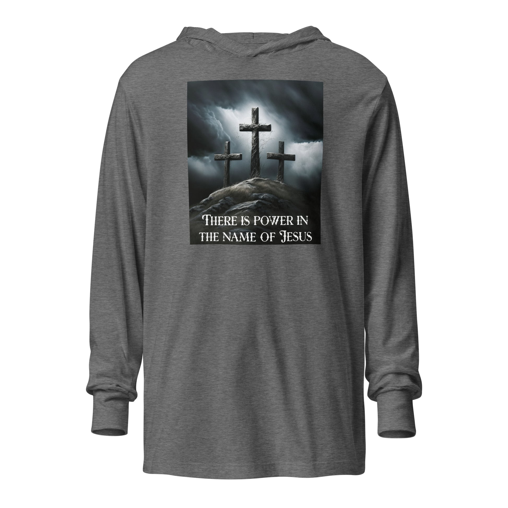 Power in the Name of Jesus Men's Hooded Long-Sleeve Tee Grey Triblend