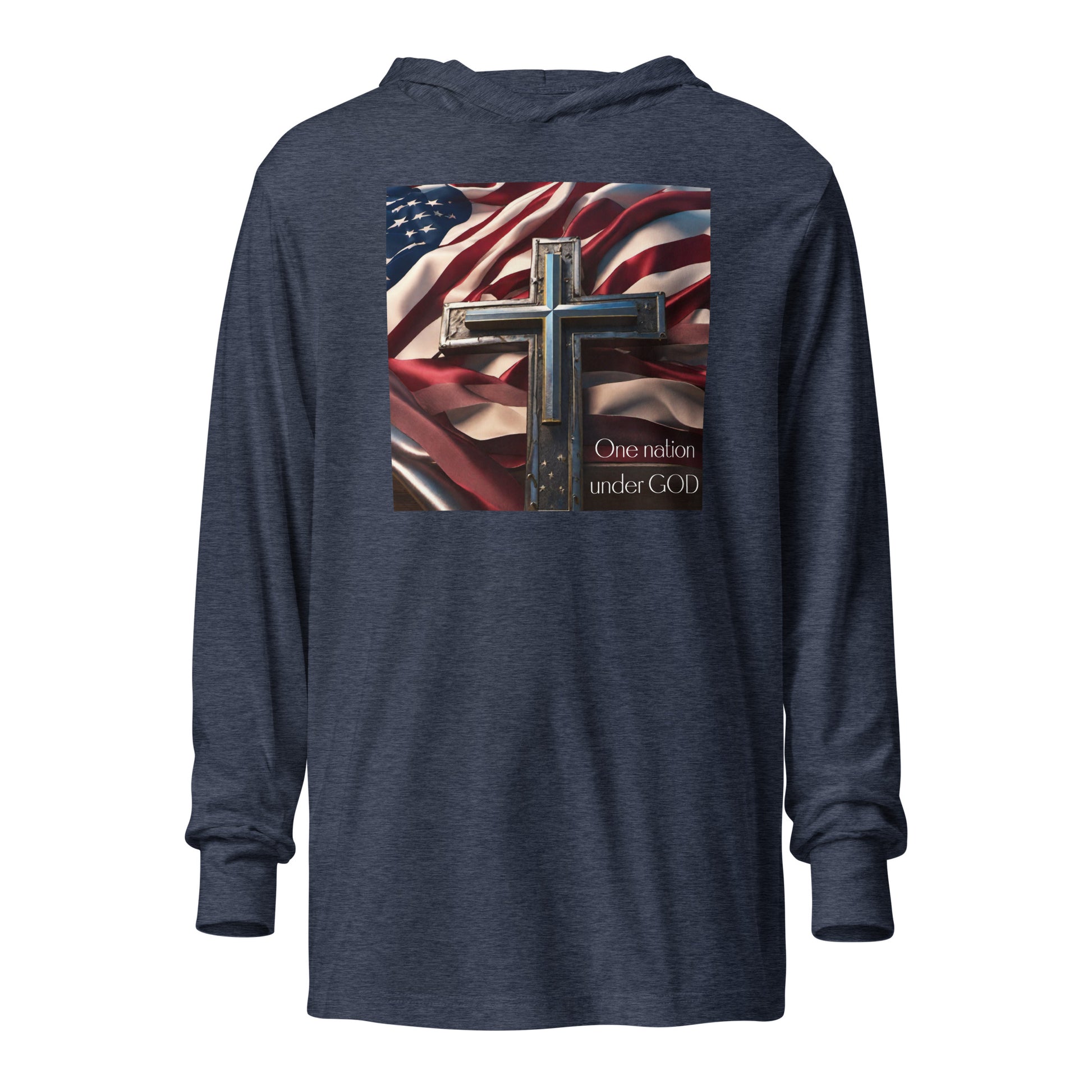 One Nation Under God Men's Hooded Long-Sleeve Graphic Tee Heather Navy