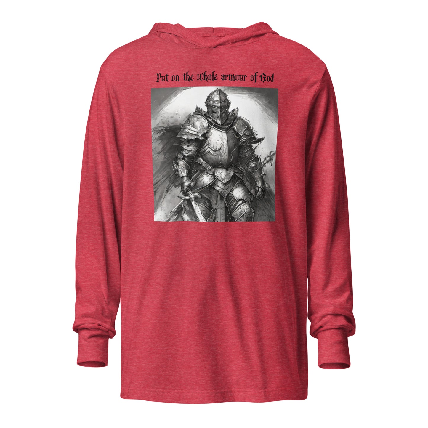 Put on the Armor of God Christian Men's Hooded Long-Sleeve Tee Heather Red