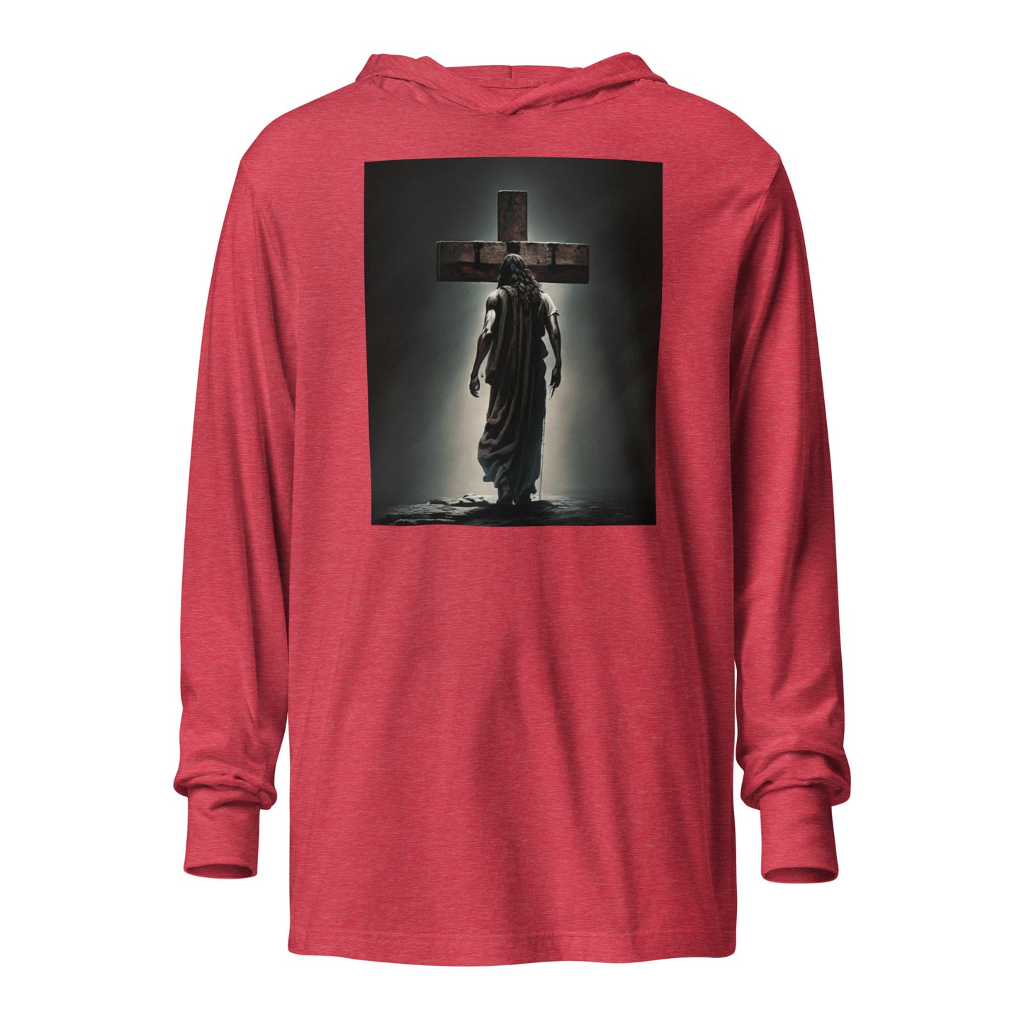 Christ Facing the Cross Men's Christian Hooded Long-Sleeve Tee Heather Red