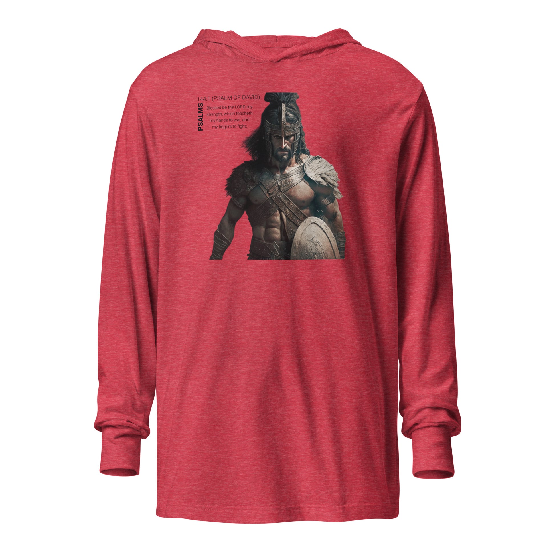 Psalms 144 Christian Scripture Men's Hooded Long-Sleeve Tee Heather Red