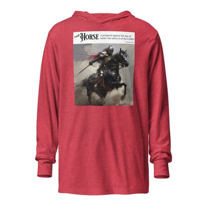 Horse Prepared for Battle Men's Bold Christian Hooded Long-Sleeve Tee Heather Red
