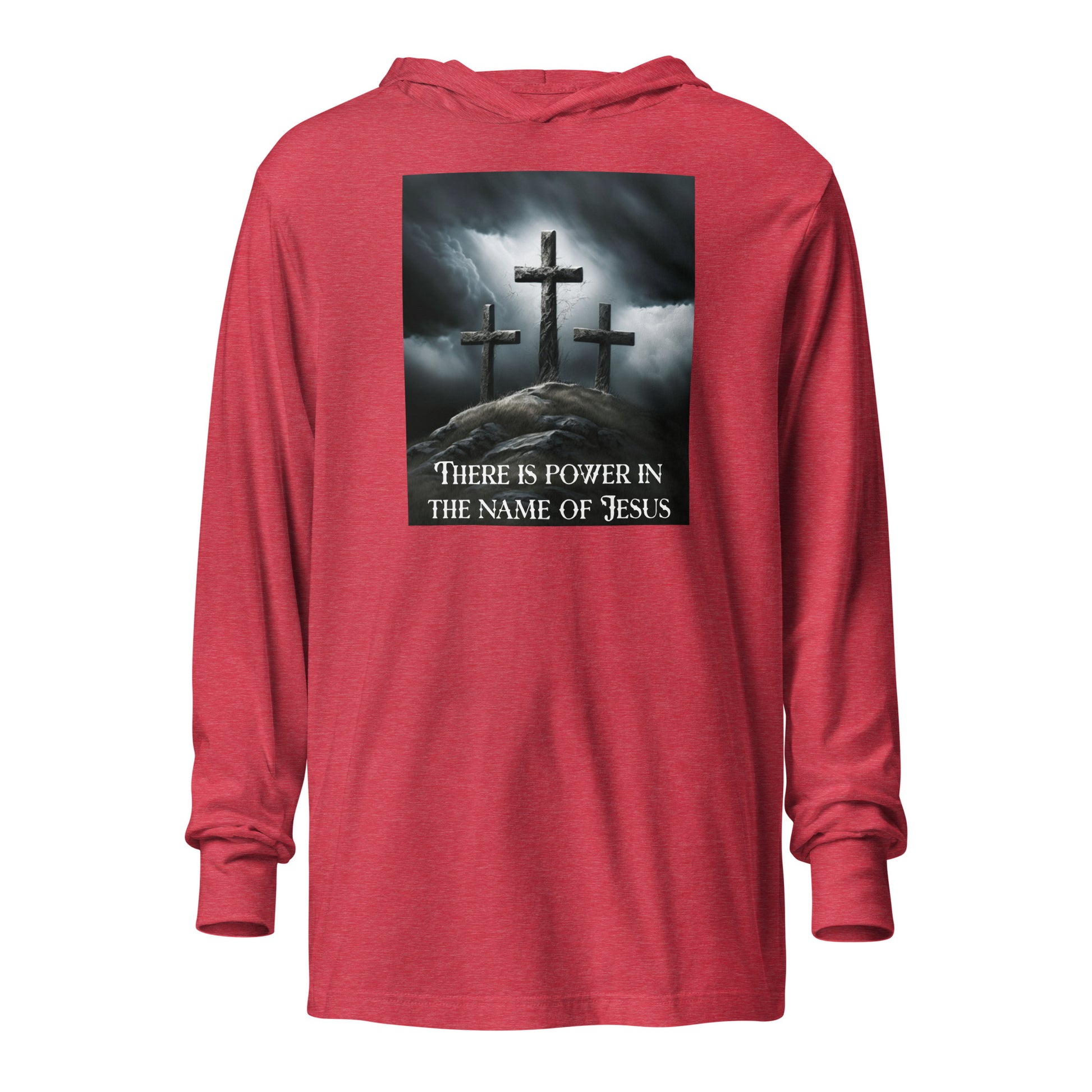 Power in the Name of Jesus Men's Hooded Long-Sleeve Tee Heather Red