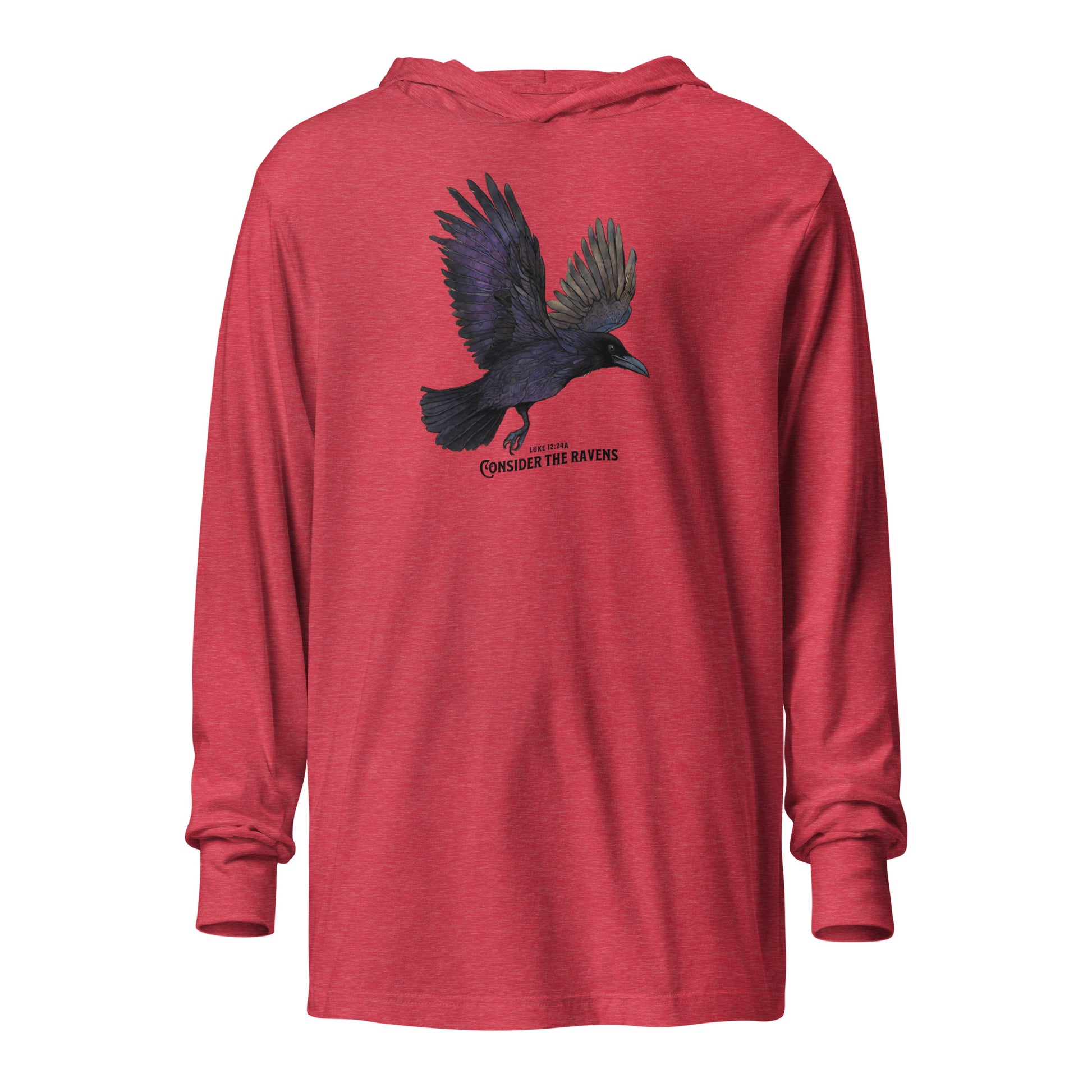 Consider the Ravens Bible Verse Women's Hooded Long-Sleeve Tee Heather Red