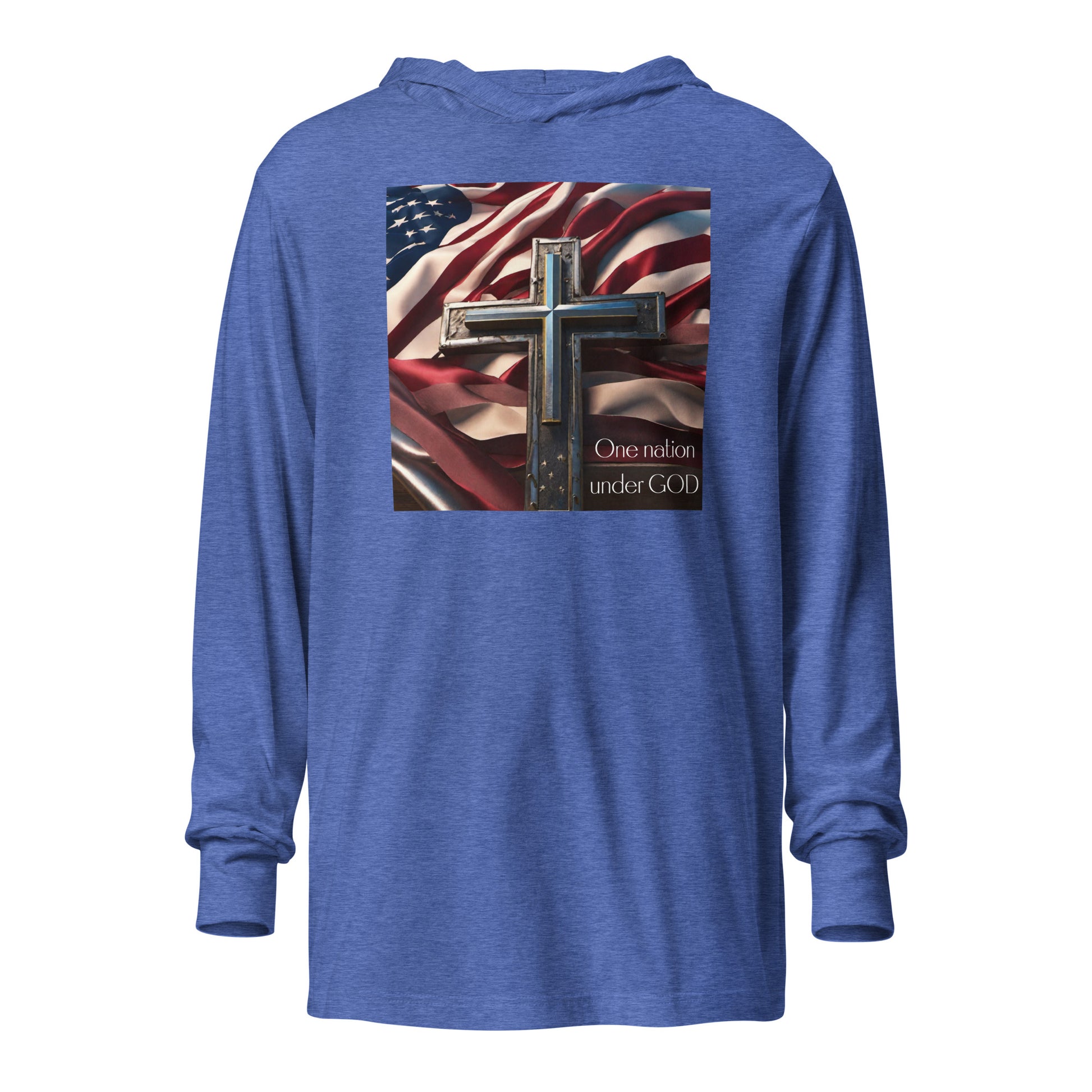 One Nation Under God Men's Hooded Long-Sleeve Graphic Tee Heather True Royal