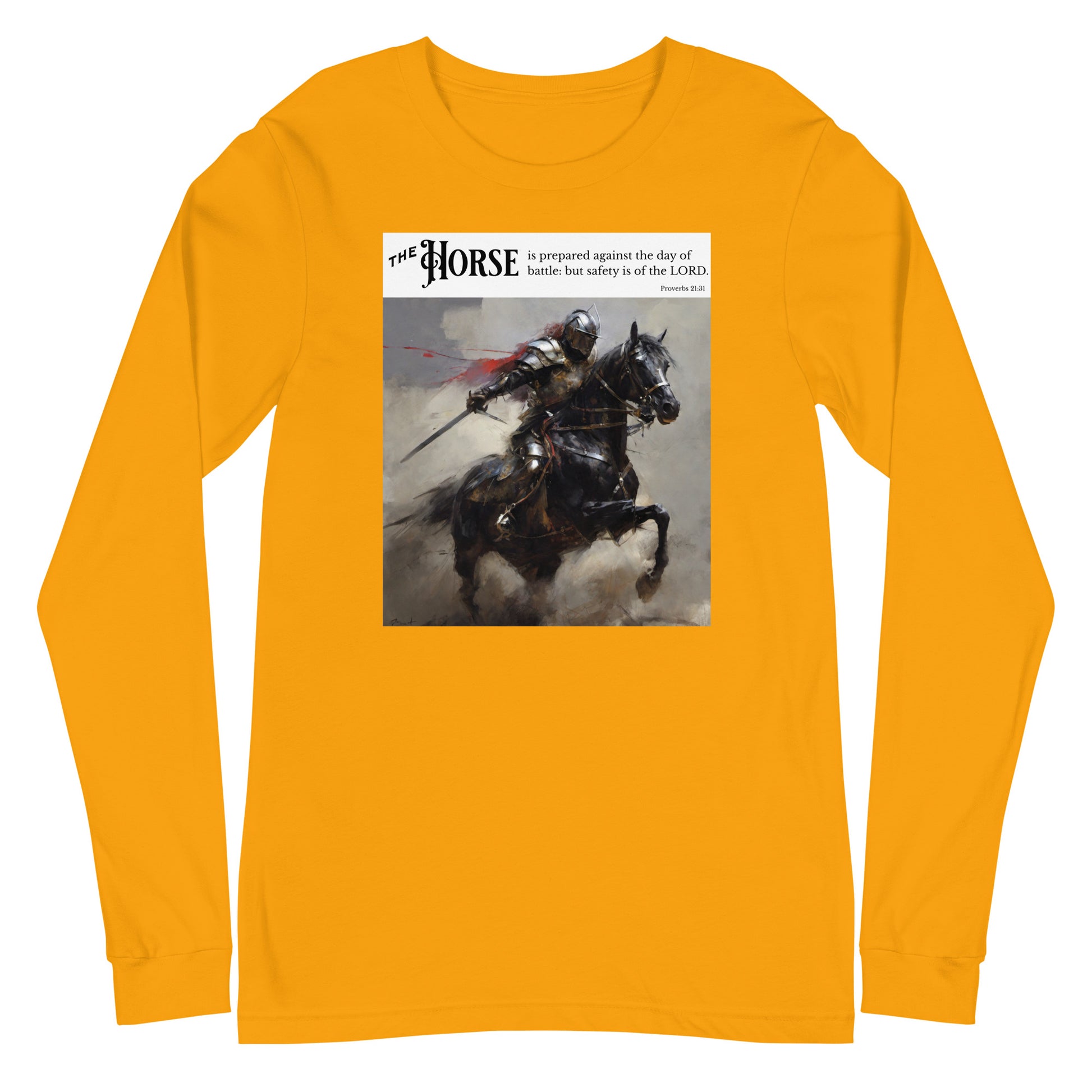 Horse Prepared for Battle Men's Christian Long Sleeve Tee Gold
