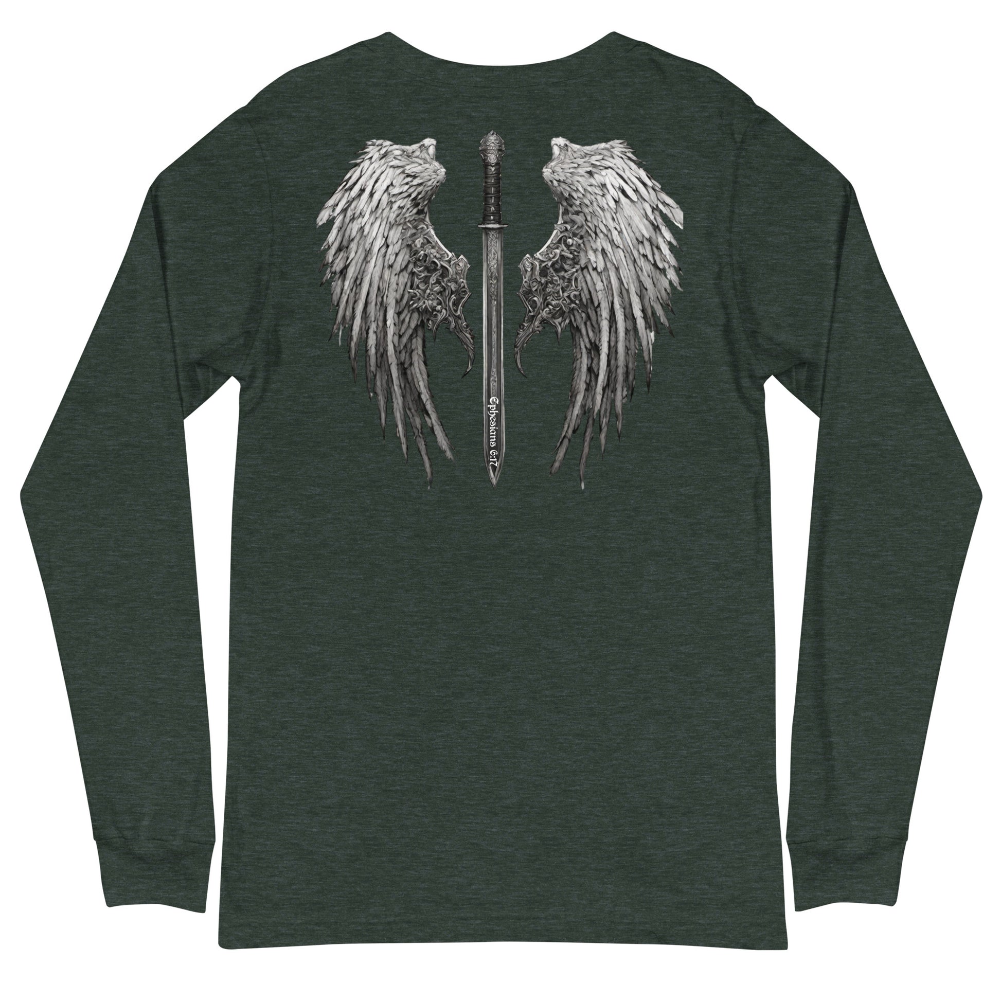 Ephesians 6:17 Women's Christian Long Sleeve Graphic Tee (print on back) Heather Forest