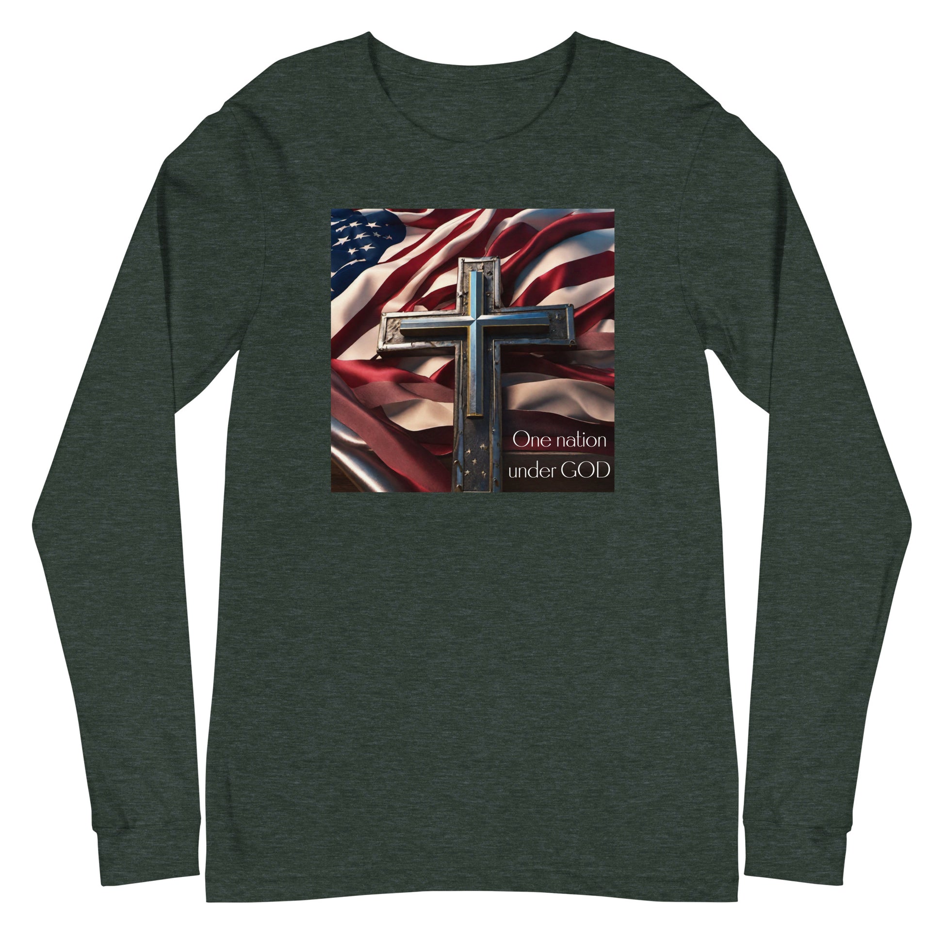 One Nation Under God Christian Long Sleeve Tee Heather Forest