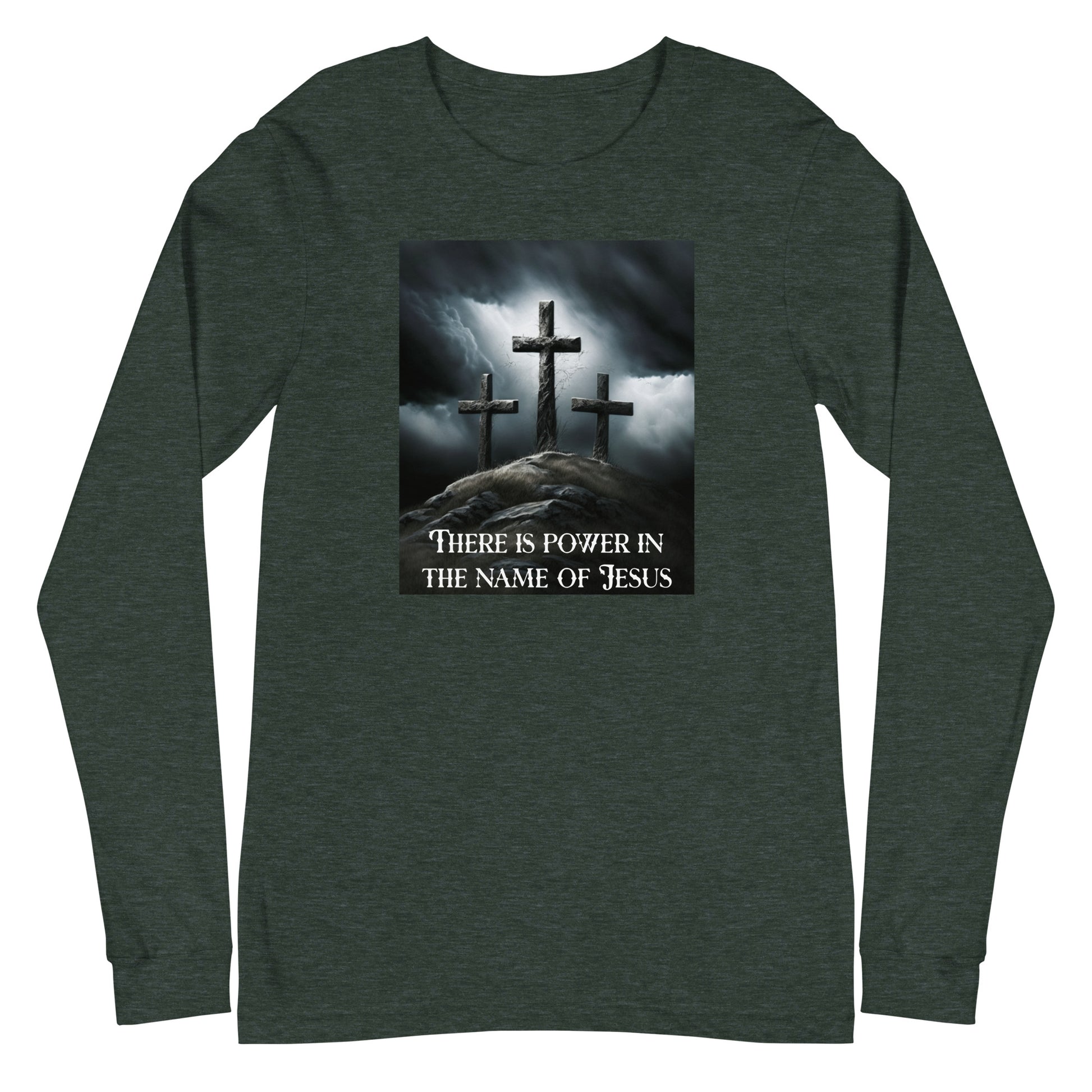 Power in the Name of Jesus Men's Long Sleeve Tee Heather Forest