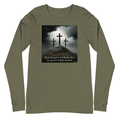 Three Crosses Crucifixion Men's Long Sleeve Tee John 15:13 Military Green