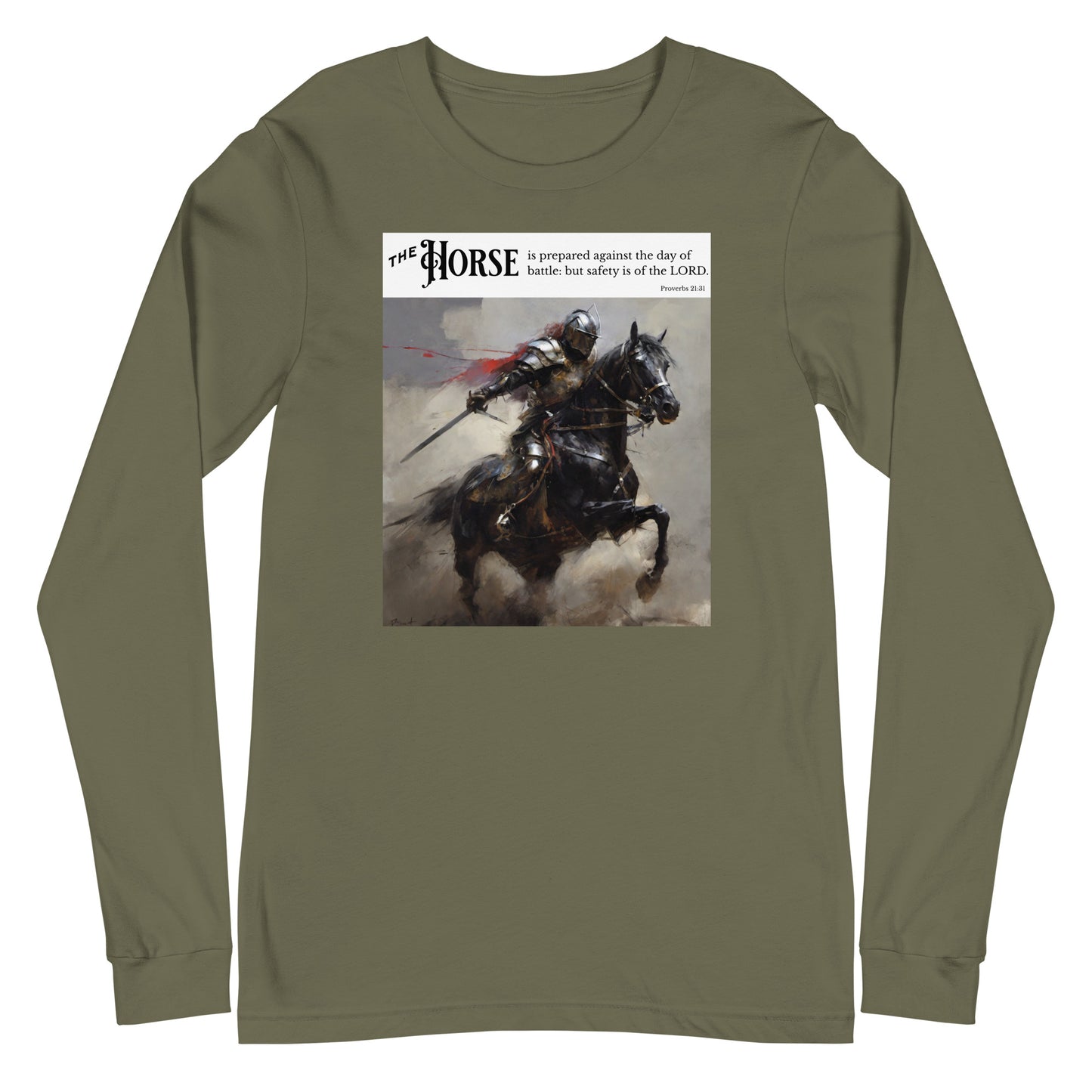 Horse Prepared for Battle Men's Christian Long Sleeve Tee Military Green