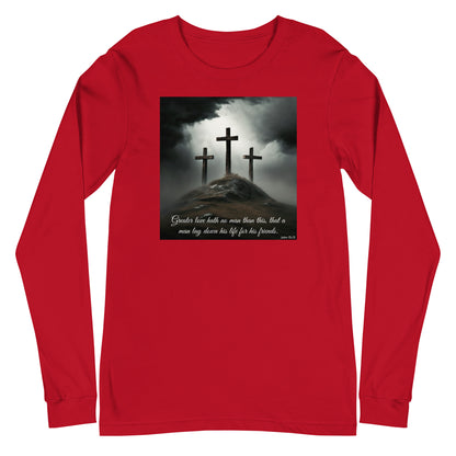 Three Crosses Crucifixion Men's Long Sleeve Tee John 15:13 Red