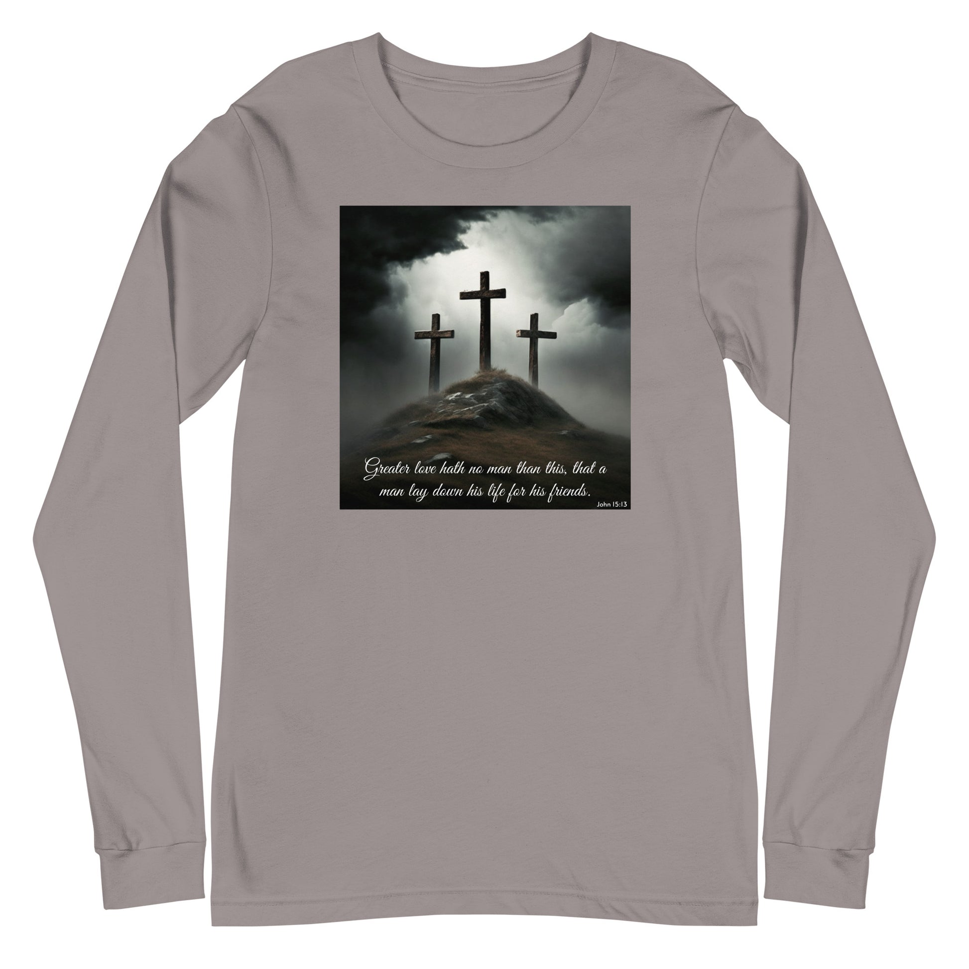 Three Crosses Crucifixion Men's Long Sleeve Tee John 15:13 Storm