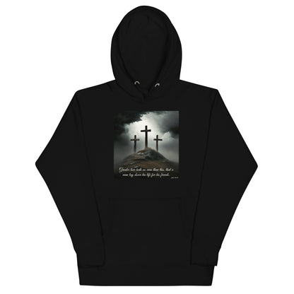 Three Crosses Crucifixion Men's Hooded Sweatshirt John 15:13 Black