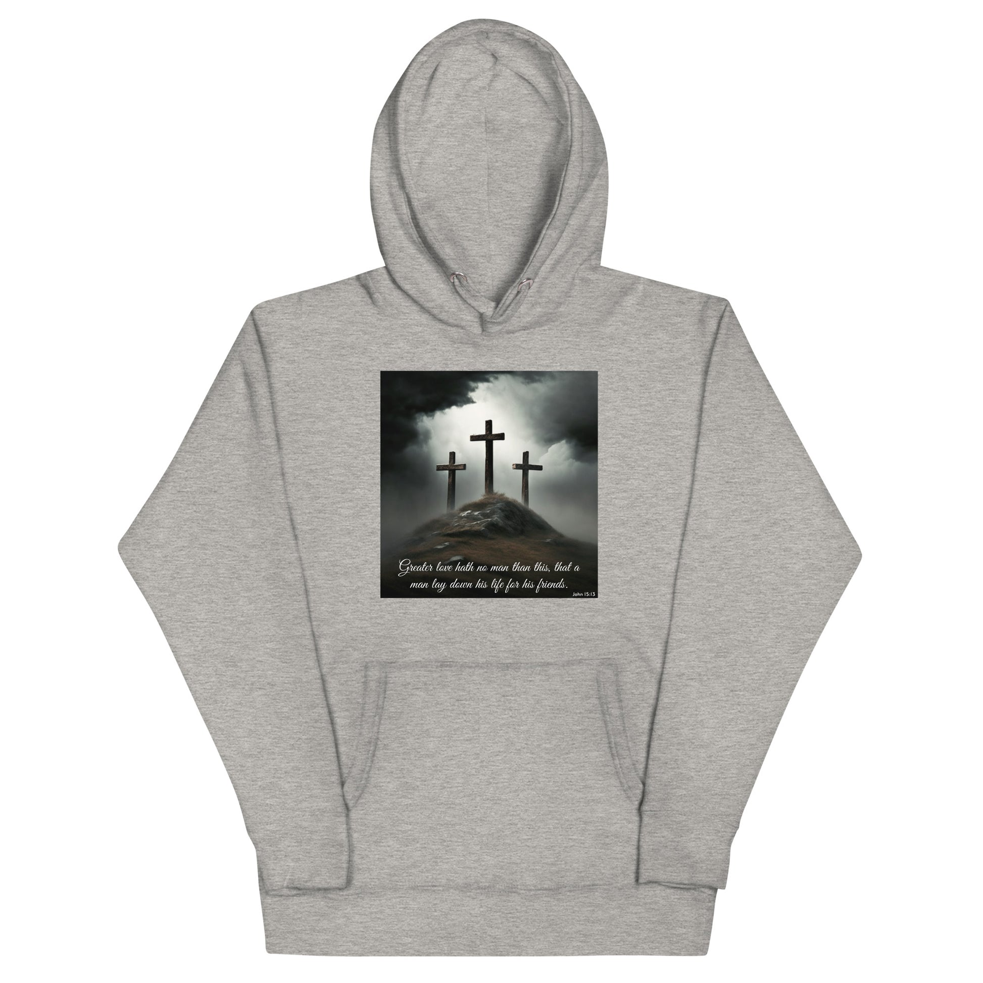 Three Crosses Crucifixion Men's Hooded Sweatshirt John 15:13 Carbon Grey