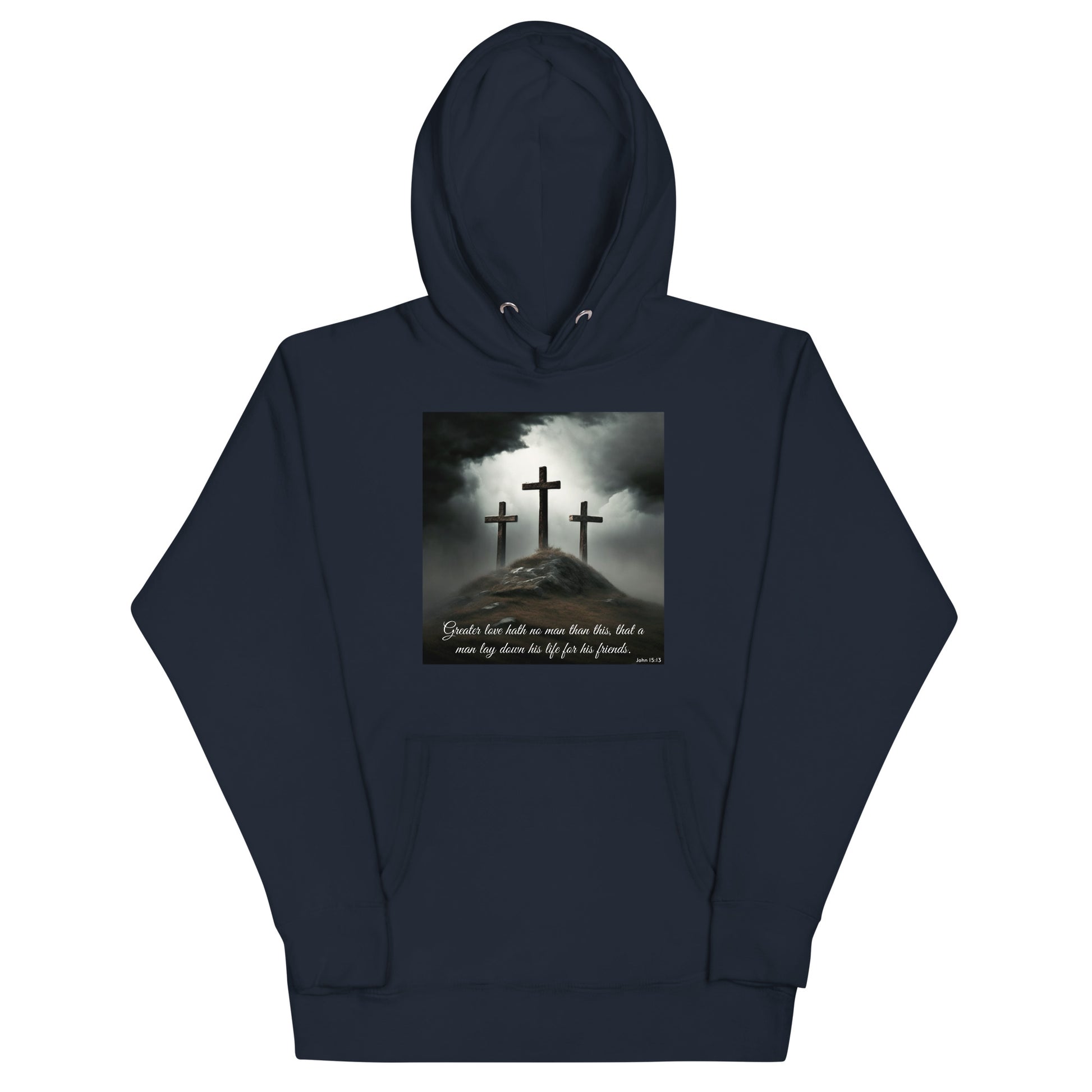 Three Crosses Crucifixion Men's Hooded Sweatshirt John 15:13 Navy Blazer