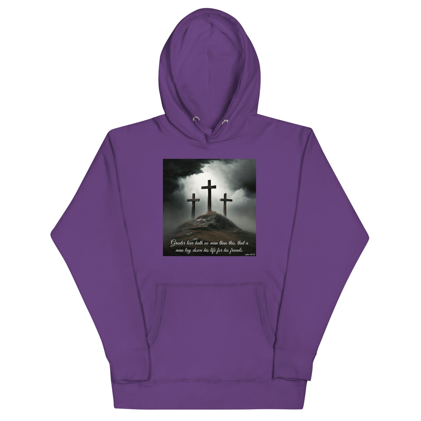 Three Crosses Crucifixion Men's Hooded Sweatshirt John 15:13 Purple