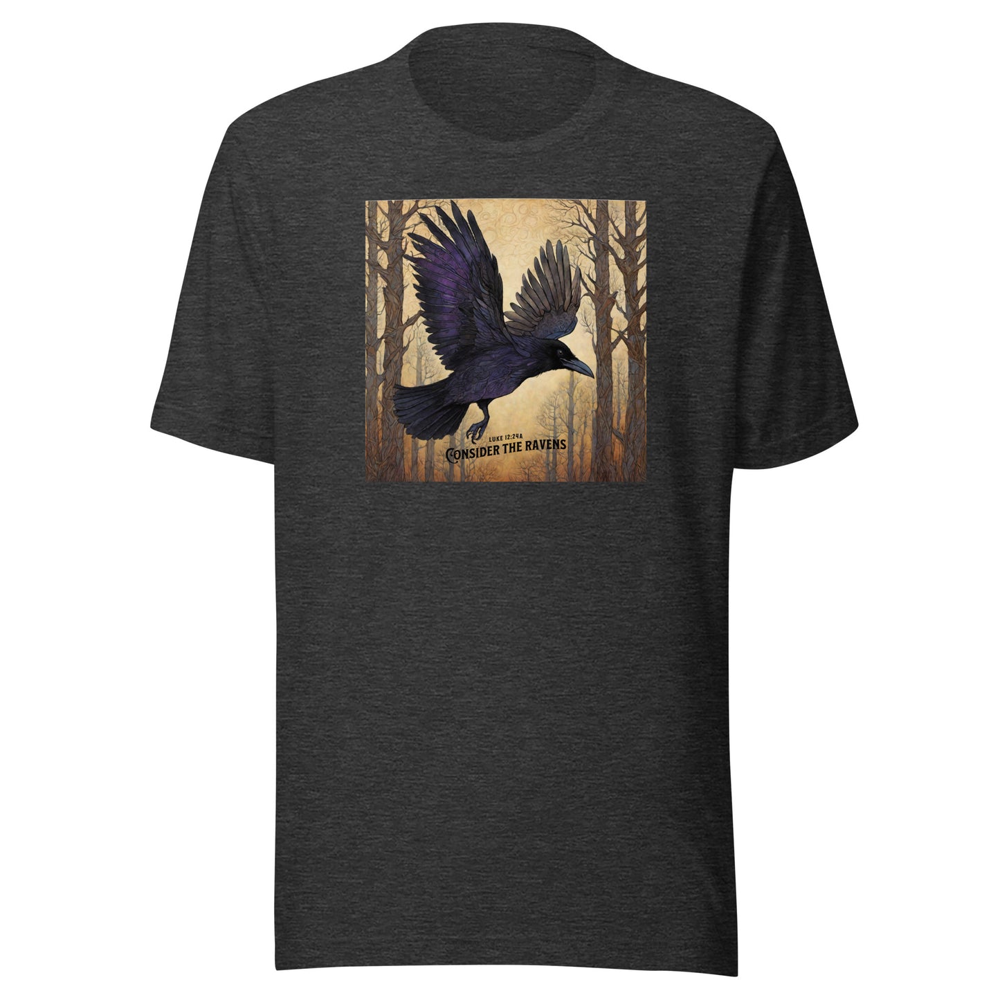 Consider the Ravens Men's Bible Verse T-Shirt Luke 12:24 Dark Grey Heather