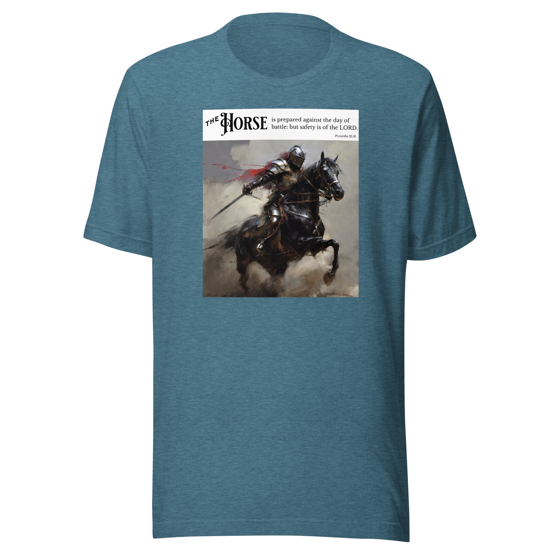 Horse Prepared for Battle Men's Bold Christian Graphic T-Shirt Heather Deep Teal