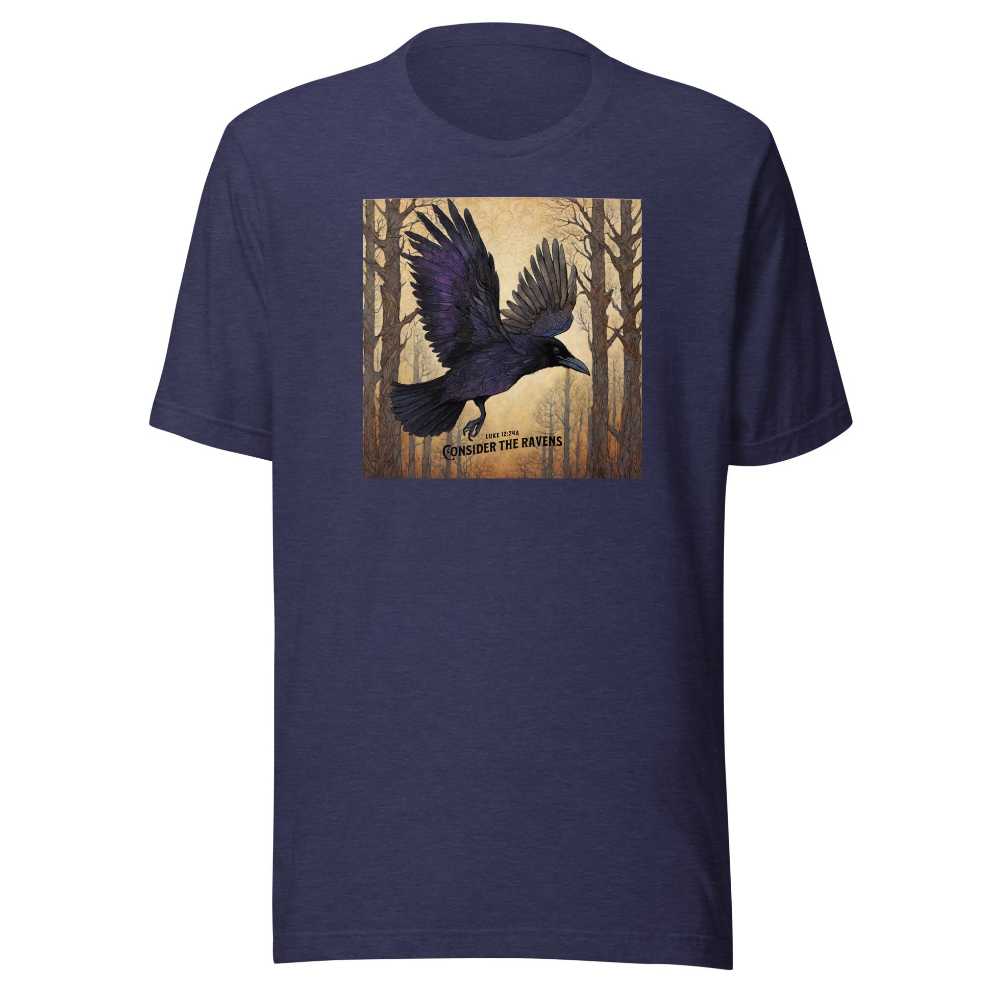 Consider the Ravens Men's Bible Verse T-Shirt Luke 12:24 Heather Midnight Navy