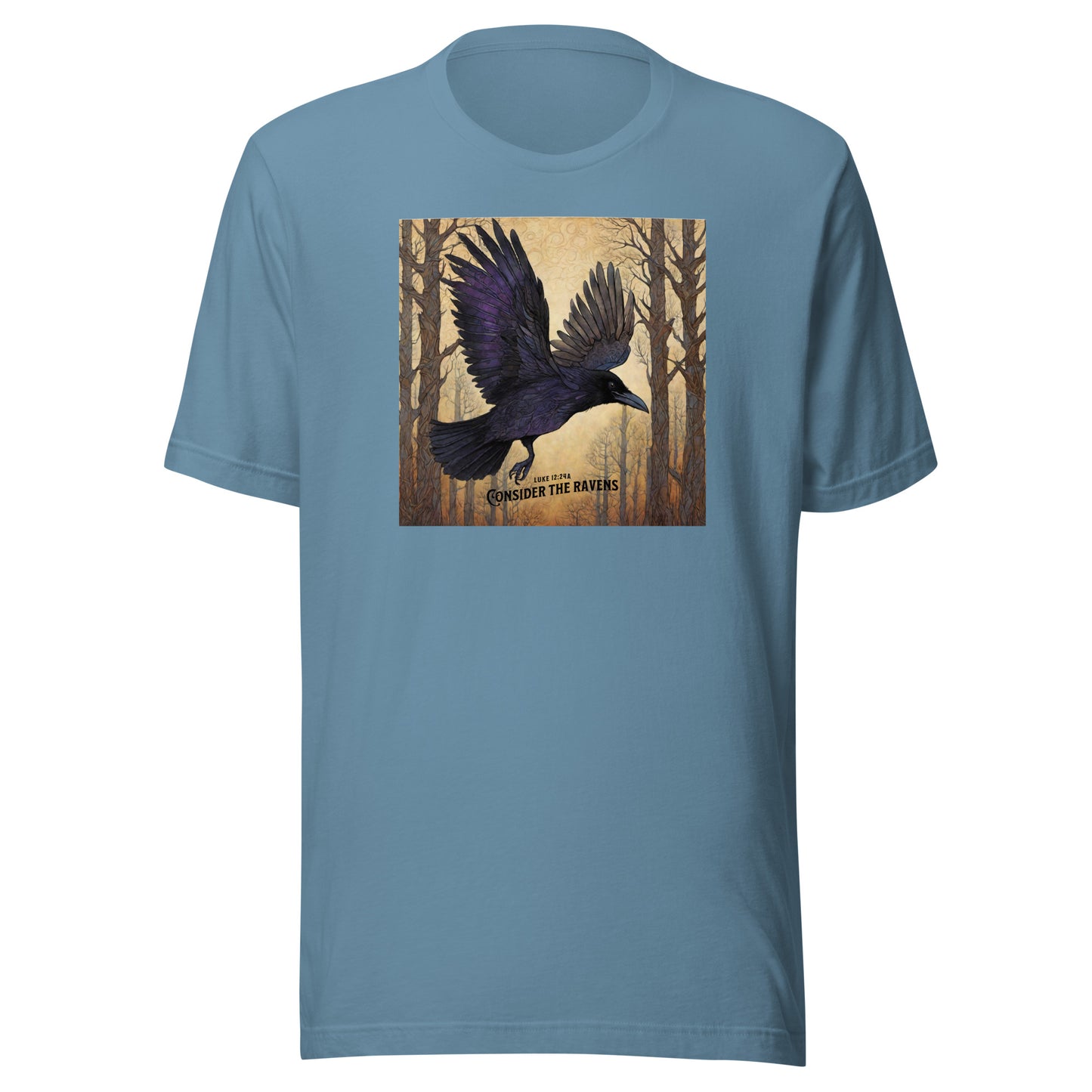 Consider the Ravens Men's Bible Verse T-Shirt Luke 12:24 Steel Blue