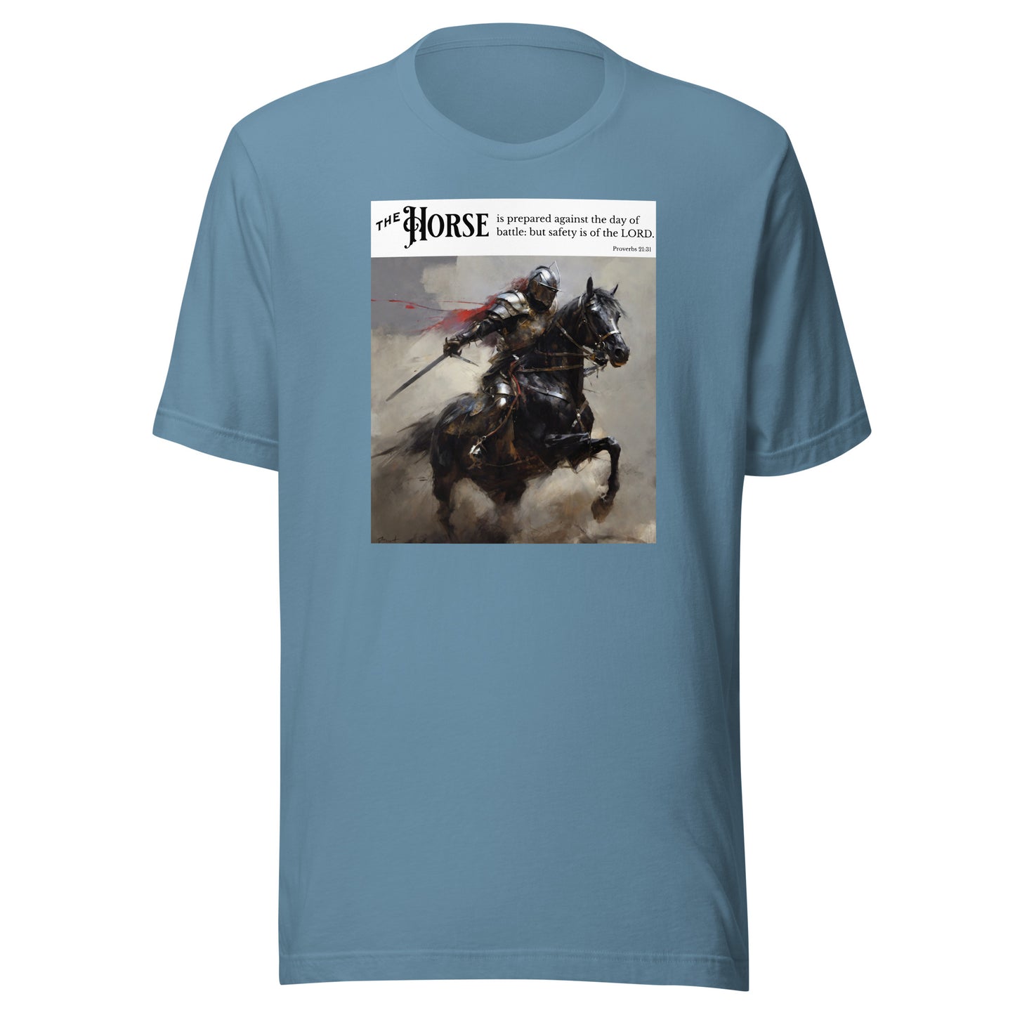 Horse Prepared for Battle Men's Bold Christian Graphic T-Shirt Steel Blue