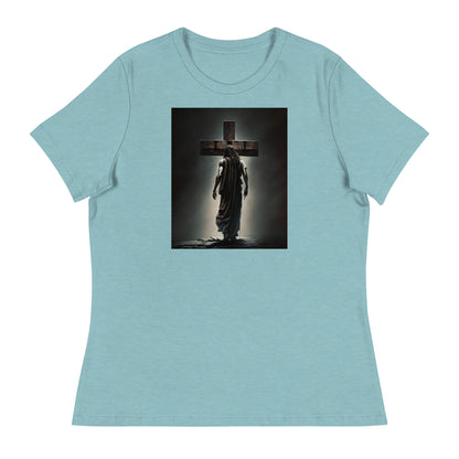 Christ Facing the Cross Christian Women's T-shirt Heather Blue Lagoon