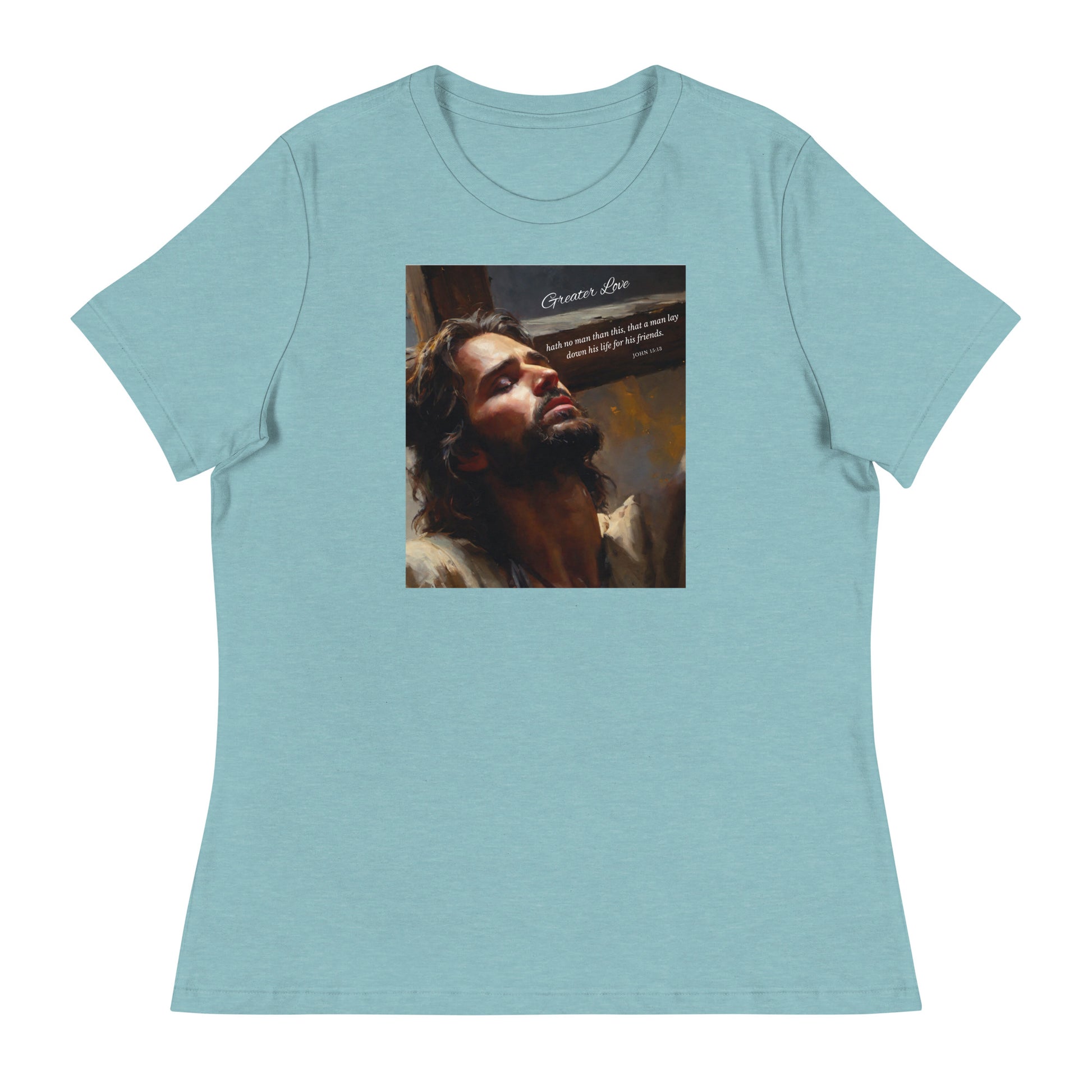 Greater Love Christian Women's T-shirt Heather Blue Lagoon