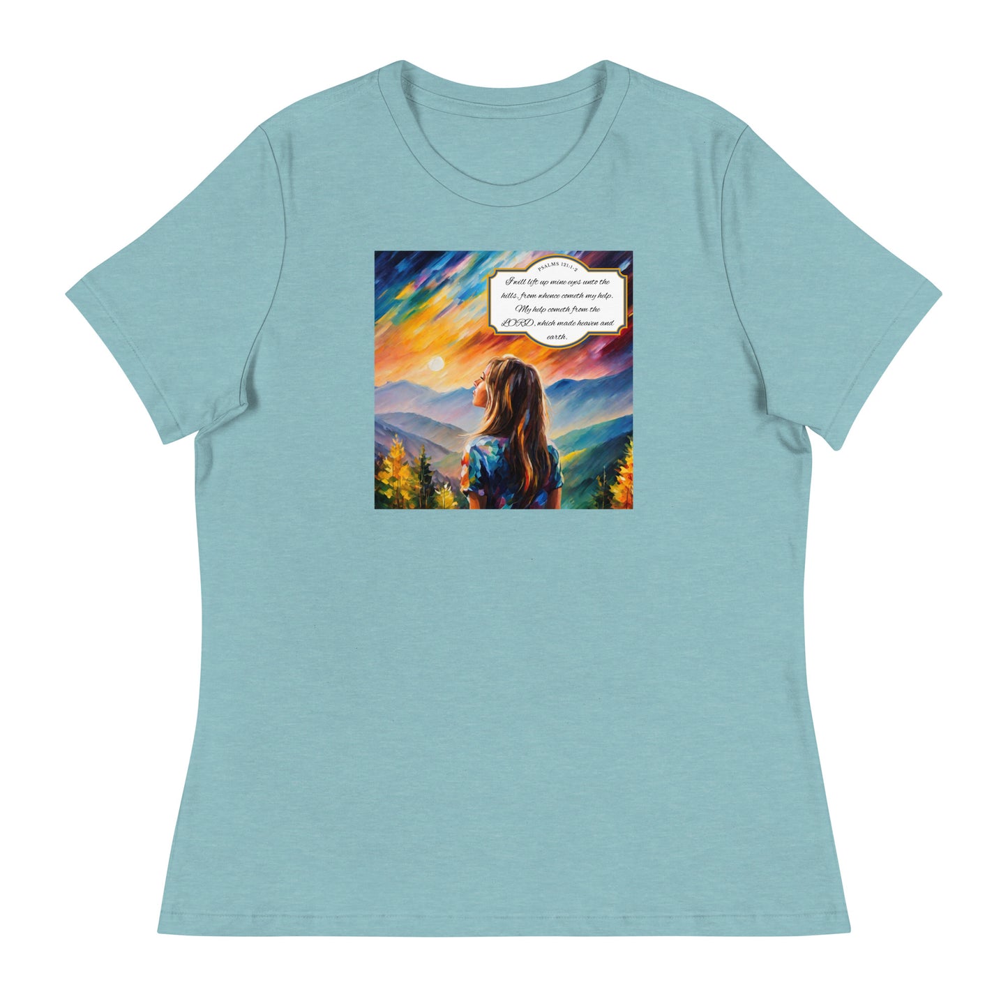 Lift Up Mine Eyes Women's Christian T-Shirt Heather Blue Lagoon