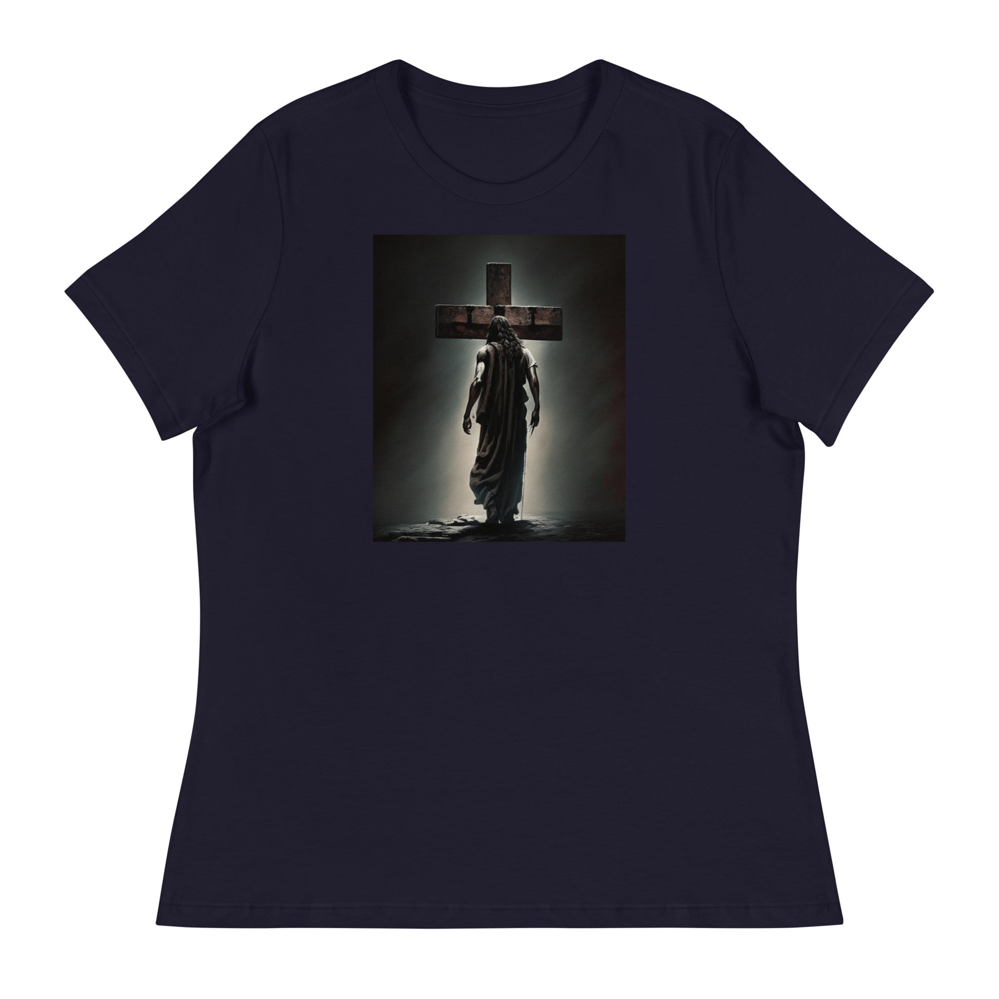 Christ Facing the Cross Christian Women's T-shirt Navy