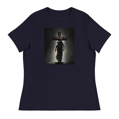 Christ Facing the Cross Christian Women's T-shirt Navy